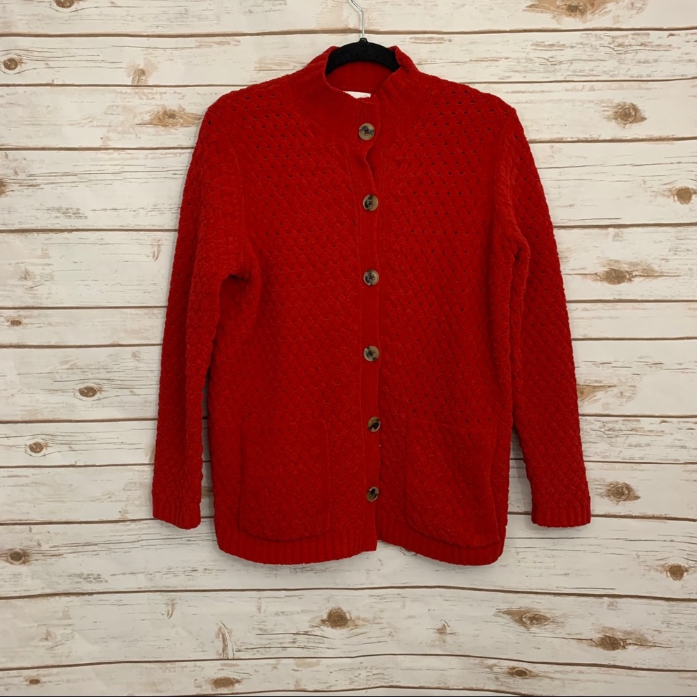 J Jill Red Basket Weave Pattern Button Car - image 1